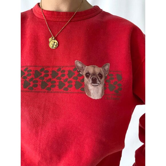 90s vintage red dog puppy chihuahua graphic boxy cozy crewneck pullover sweater - Picture 7 of 9